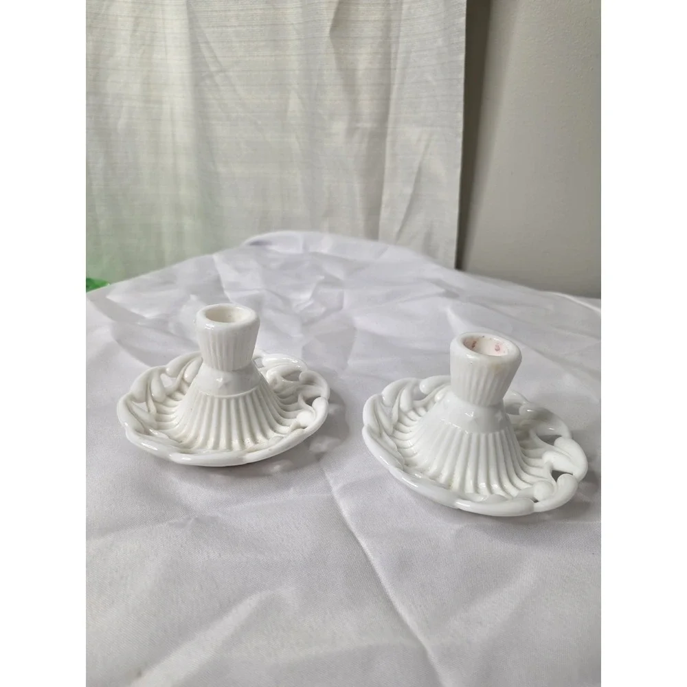 Pair Of Anchor Hocking Old Colony Milk Glass Lace Edge Taper Candle Holders